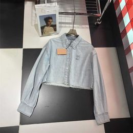 2023 Summer New Letter Burnt Flower Hem Handmade Silk Edge Design Soft Short Denim Shirt