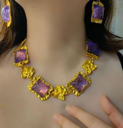 Chains Purple Square Three-dimensional Ripple Necklace Earrings Set Luxury Jewellery Mediaeval Women