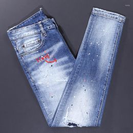 Men's Jeans Streetwear Fashion Men High Quality Retro Light Blue Elastic Slim Ripped Embroidery Designer Brand Pants Hombre