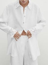 Women's Blouses Women Fashion Hollow Out Embroidery Decoration Comfortable Linen Loose Long Sleeve Button-up Female Shirts Chic Tops