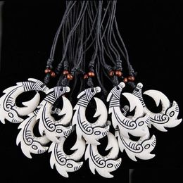 Pendant Necklaces Fashion Whole 12Pcs Lot Faux Yak Bone New Zealand Tribal Maori Hei Matau Fish Hook Pendants Surfer Necklace Choker G Dhx2B