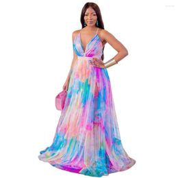 Ethnic Clothing Long African Maxi Dress Women Spaghetti Strap Backless Robes Summer Tie Dye Print Sexy Beach Holiday Vestidos