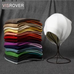 Wide Brim Hats Bucket VISROVER 25 colors unisex Autumn winter solid color real cashmere beanies with pompom man woman Warm wool skullies 230804