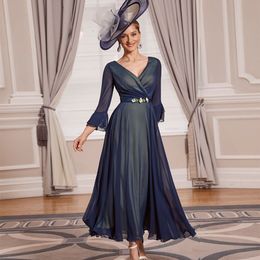 Elegante A-Linie Chiffon-Kleider für die Brautmutter, V-Ausschnitt, Dreiviertelärmel, formelles Kleid, knöchellang, mit Gürtel 326 326