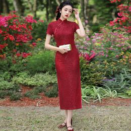 Ethnic Clothing Vintage Red Lace Long Qipao Retro High Split Cheongsam Chinese Classic Women's Elegant Short Sleeve Dress