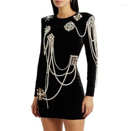 Casual Dresses In Spring 2023 Women's Velvet Embroidered Beaded Tassel Big Name Long Sleeve Top High Quality Party Dress Y2k Clothes
