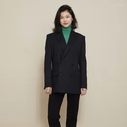 Women's Suits IOO Worsted Wool Suit Women 2023 Spring And Autumn Models Design Sense Broad Shoulder Commuter Temperament Black Jacket Top