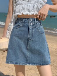 Skirts Summer Women High Waist Button Short Denim Skirt Streetwear Female Loose A-line Jeans Bottoms