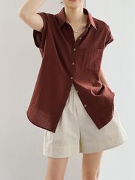 Women's Blouses Lapel Solid Colour Short Sleeve Shirt 2023 Summer Casual Loose Show Thin Single Breasted Top