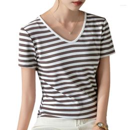 Women's T Shirts Summer Women Short Sleeve T-shirt 2023 Simple Striped V-neck Shirt Temperament Elegant Comfort Tee Tops