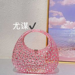 Shiny Opaque Transparent Acrylic Goose Egg Box Bag Evening Banquet Set with Diamonds Rhinestones Crescent Moon Hand Bag 230804