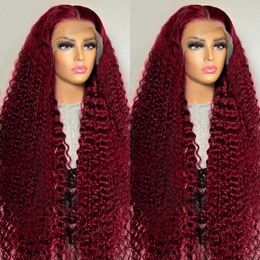 Human Hair Capless Wigs 13x4 Deep Curly Lace Frontal Wig Transparent 99J Burgundy T Part Lace Front Wigs Red Coloured HD Deep Wave Human Hair Wigs x0802