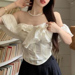 Women's T Shirts Korean Irregular Ruffled Casual Short-sleeved Shirt Women 2023 Summer Off-the-shoulder Sexy Slim Solid Colour Crop Tops