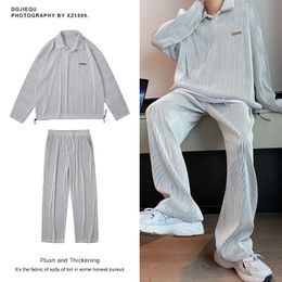 Mens Tracksuits Gray Pleated Sets Fashion Casual Lapel Tshirt Trousers Twopiece Men Treetwear Korean Loose Oversized M2XL 230804