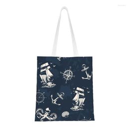 Shopping Bags Custom Vintage Nautical Symbol Canvas Bag Women Durable Grocery Sailor Anchor Compass Shopper Tote