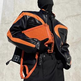 Men s Jackets Mauroicardi Spring Autumn Cool Loose Orange and Black Colour Block Faux Leather Jacket Men Luxury Designer Zip Up Clothes 2023 230803