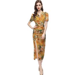 Women's Runway Dresses Sexy V Neck Short Puff Sleeves Printed Ruched Split Elegant Mid Vestidos