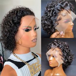 Synthetic Wigs Pixie Cut Wig Short Bob Curly Human Hair 13X1 Transparent Lace 99J Burgundy Water Deep Wave Front For Women 230803
