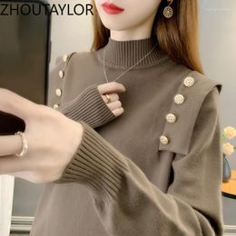 Women's Sweaters ZHOUTAYLOR Woman Office Lady Half High Collar Tops Female Button Full Sleeve Straight Autumn Pullovers Femme S1070