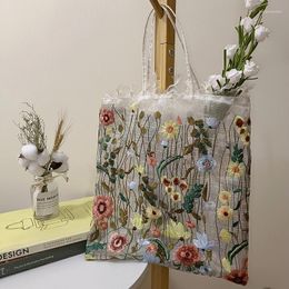 Storage Bags 1Pc Fashion Tote Summer Style Mesh Full Embroidery Flowers Clear Shoulder Bag Romantic Handbag Women's Eco Shopping 2023