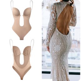 Womens Shapers Sexy Bodysuit Corset Backless Shapewear Deep VNeck Body Shaper U Plunge Thong Waist Trainer Clear Strap Padded Push Up 230803