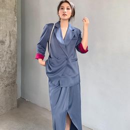 Women's Suits Elegant Women Skirt OL Suit Solid Blue Satin Slim Jacket & Midi Split Two Pieces Sets Female Work Outfits Workwear Set