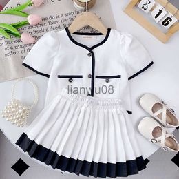 Clothing Sets New Kids Clothes Girls Suit Girls Sets Korean Summer Girls Outfits College Style Short Sleeve Top Pleated Skirt 2pcs Kids Suit x0803