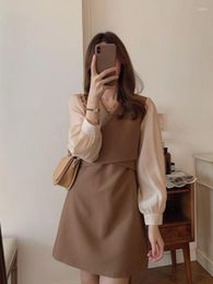 Casual Dresses Women Black Vintage Patchwork Elegant Mini Dress Autumn High Quality Brown Party V-neck Slim Long Sleeve Short