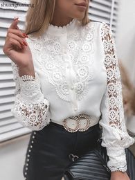 Women's Blouses Shirts Women Sexy White Lace Patchwork Hollow Out Shirt Blouse Long Sleeve O-Neck Mesh Tops Spring prink elegant Button Shirts 230803