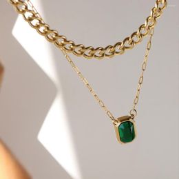 Pendant Necklaces Light Luxury Double Layer Choker Inlay Green Crystal Zircon Necklace Women Titanium Steel Clavicle Chain Fashion Jewellery