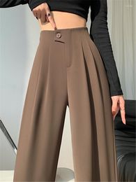 Women's Pants Spring Summer High Waist Button Suit Wide Leg 2023 Coffee Female Elegant Minimalism Solid Straight Trousers