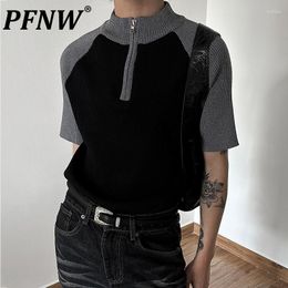 Men's Sweaters PFNW Spring Summer Pullover Contracted Colors Mock Neck Vintage Style Casual Daily Street Short Sleeve Sweater 28A0440