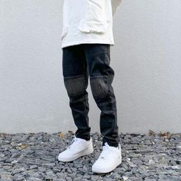 Men's Jeans High Street White Knee Pleated Vertical Stripe Elastic Fit Skinny Male Casual Small Leg Pants Slim Mens Clothing