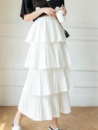 Skirts High Waist Ruffles Women's Cake Long 2023 Spring Summer Solid Pleated Korean Chic White Straight Female