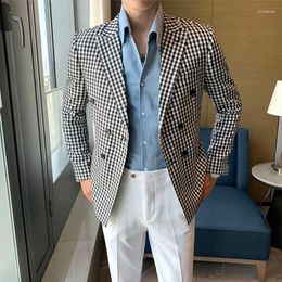 Men's Suits British Style Retro Plaid Suit Jacket Casual Slim Double-breasted Business Social Large Size M-3XL