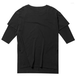 Men's T Shirts Black Simple Long Short Sleeve Double Cuff Round Collar Loose Large Size T-shirt Side Slits