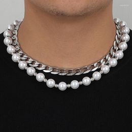 Choker Trendy Double Layer Men Pearl Cuban Chain Necklace Stainless Steel Hip Hop Male Neck Link Coarse Punk Fashion Jewelry