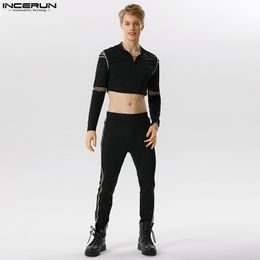 Mens Tracksuits Casual Party Sets INCERUN Men Fashion Cropped Tight Fitting Patchwork Zippered Tops Pant Male Solid Suit 2 Pieces S5XL 230804