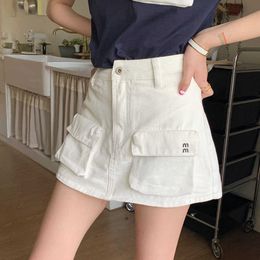 work style half skirt for women 23 Spring/Summer new pocket letter decoration high waisted A-line denim short pants skirt