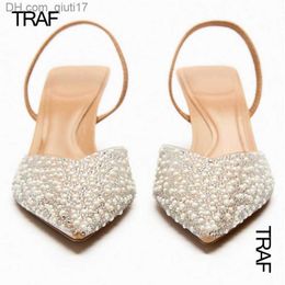 Dress Shoes TRAF 2023 Women's Pearl High Heels High Toes Spring Back High Heels Women's Pump Bride Transparent Rhinestone High Heels Z230804