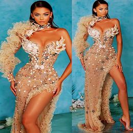 2023 April Aso Ebi Gold Sheath Prom Dress Beaded Crystals Luxurious Evening Formal Party Second Reception Birthday Engagement Gowns Dress Robe De Soiree ZJ663
