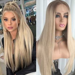 Human Hair Capless Wigs Ombre Golden Straight Lace Front Wig with Brown Roots 13x4 Lace Front Synthetic Natural Hair Wigs for Women Glueless Daily Use x0802