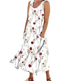Повседневные платья Женские элегантные v-образные рукавов A-Line Цветочный принт Макси платье с карманами для Summer Beach Resort