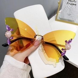 Sunglasses Fashion Bling Diamond Gradient Butterfly For Women Uv Protection Vintage Metal Rimless Retro Decor