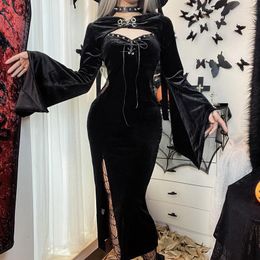 Vintage Halloween Costumes Casual Dresses Gothic Long Dress Suit With Hat See Through Velvet Lace Cutout High Slit Sleeve Button Lace-up Party Smock