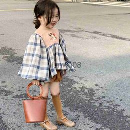 Clothing Sets Children Clothing 2022 Spring Autumn Girls Clothes Set Korean Cute Fresh Lovely Plaid Long Lantern Sleeve Blouse Pants Two Piece x0803