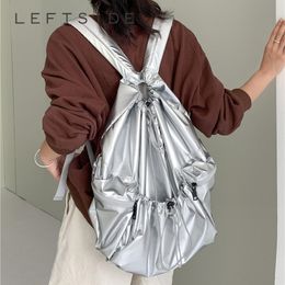 School Bags LEFTSIDE 2023 Silver Drawstring Back Pack Big PU Leather Korean Fashion Backpack for Women Teenagers Girls 230804