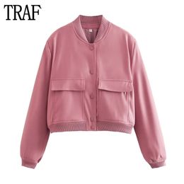 Women's Jackets TRAF Bomber Jacket Women Pink Cropped Jacket Woman Streetwear Oversize Jackets for Women Coats Long Sleeve Female Jacket 230803