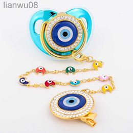 Pacifiers# Gold Baby Pacifier Evil Eye With Handmade Chain Clip Newborn Silicone Pacifier Gold Bling Infant Nipple BPA Free Baby Chupetero x0804