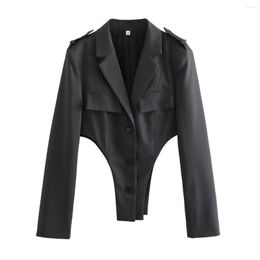 Women's Jackets Dark Grey Cropped Blazer Women Fashion Waist Cutout Design Chic Lady High Street Top Female 2023